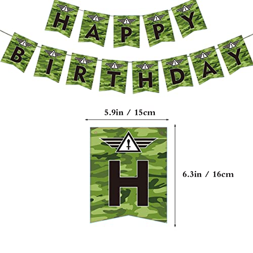 56Pcs Ejército de camuflaje decoraciones de la fiesta de cumpleaños banderola de cumpleaños, remolinos colgantes, globos de camuflaje, adornos para magdalenas, globos de cazas y globos de tanques