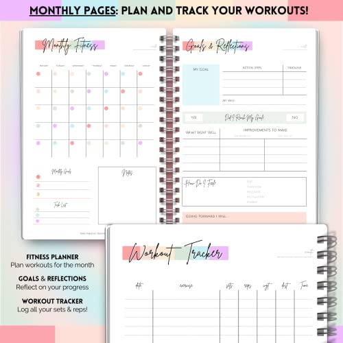 Agenda de fitness y entrenamiento de 90 días para mujer, diario de gimnasio, seguimiento de pérdida de peso, planificador de comidas, tamaño A5, color arcoíris pastel