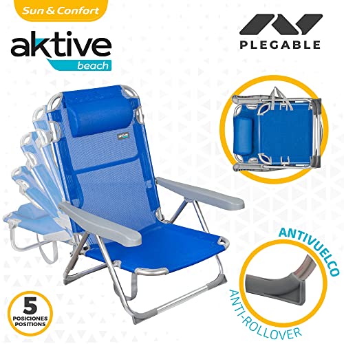 Aktive 62266 - Pack de 2 sillas reclinables para playa, jardín, terraza o camping, Medidas 48x60x90cm, altura 28cm, Ligera, 5 posiciones, , incluye asa de trasporte
