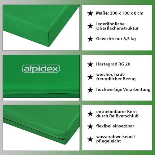 ALPIDEX Colchoneta gimnasia 200 x 100 x 8 cm esterilla deporte con antideslizante, densidad aparente 20 (muy blanda), Color:verde