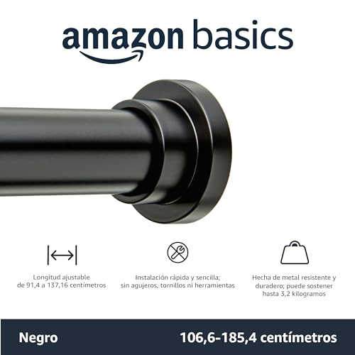 Amazon Basics Barra de cortina de ducha con tensión ajustable - de 107 a 185,4 cm, negro