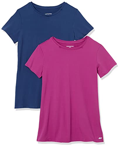 Amazon Essentials Camiseta Técnica Elástica de Manga Corta y Cuello Redondo (Disponible en Tallas Grandes) Mujer, Pack de 2, Azul/Orquídea Morada, M