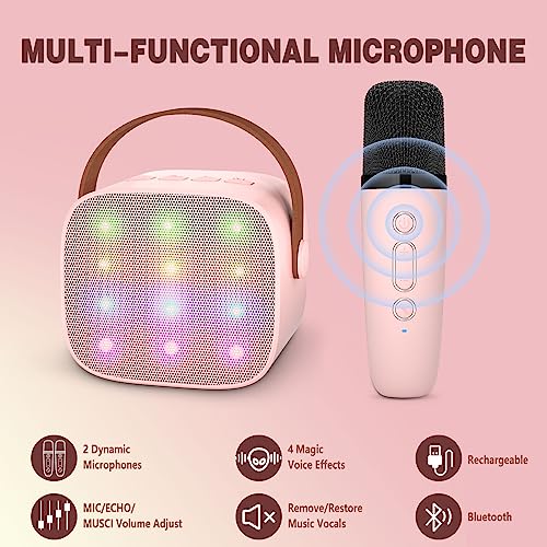 Ankuka Karaoke 1 Micrófono Karaoke Infantil Bluetooth con Micrófono Inalámbrico Altavoz con Luces LED Regalo Niña Juguete Que Cambia de Voz Rosa
