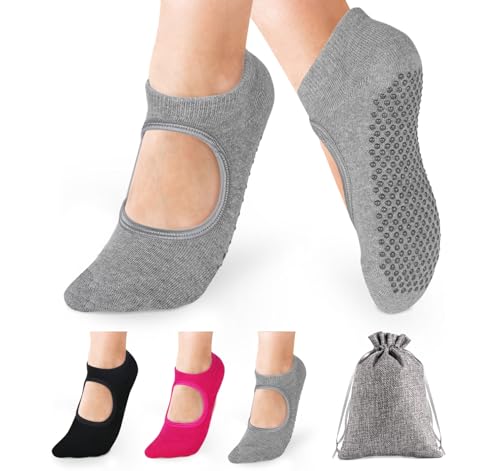 Anstore Calcetines de yoga antideslizantes para mujer, 3 pares de calcetines de yoga y pilates, ideales para fitnes, rojo, 38-42
