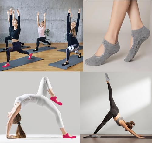 Anstore Calcetines de yoga antideslizantes para mujer, 3 pares de calcetines de yoga y pilates, ideales para fitnes, rojo, 38-42