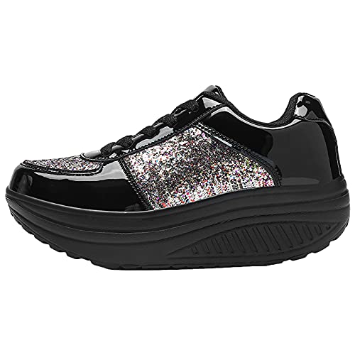 ANUFER Mujer Súper Ligero Plataforma Zapatillas con Cordones Cuña Zapatos Deportivos Negro SN070680 EU39.5