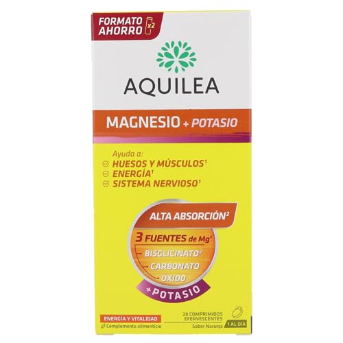 AQUILEA Magnesio+Potasio Efervescente 28 Comprimidos - Ayuda a recuperar el tono Muscular - Complemento alimenticio