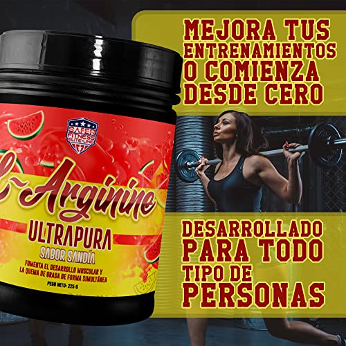 Arginina pura formato en polvo | 4000 mg de L-Arginina por toma | Mejora el rendimiento deportivo, elimina la fatiga muscular y mayor desarrollo muscular | Rápida absorción | Sabor sandía | 225 gr
