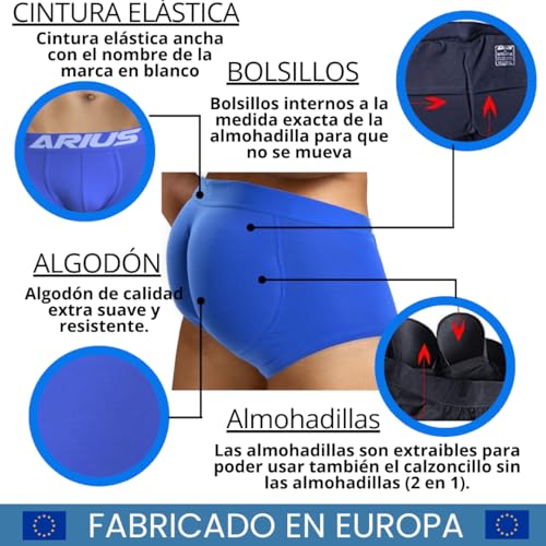 ARIUS Calzoncillo Boxer con Relleno Trasero para Aumentar el Volumen y tamaño de glúteos y Levanta Color Azul - Push up y Relleno de Nalgas - Men’s Padded Buttocks (L)