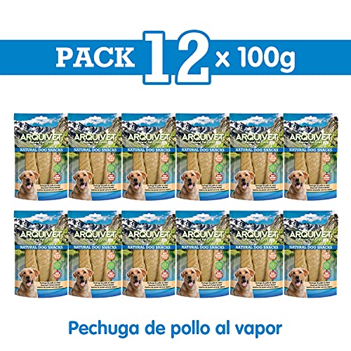 ARQUIVET Pack 12 Unidades Snacks Pechuga de Pollo al Vapor 100 g - Natural Dog Snacks - 100% Natural - Chuches, premios, golosinas para Perros - Producto Light - Muy Rico en nutrientes