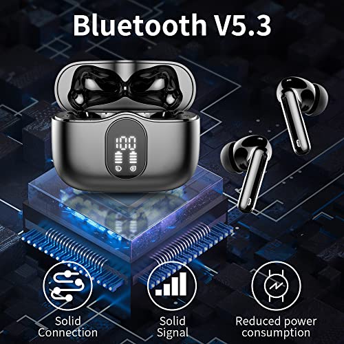 Auriculares Inalámbricos, Bluetooth 5.3 con HD Micrófono HiFi Estéreo Pantalla LED, Reducción de Ruido, 13 mm Controlador dinámico,IP7 Impermeable 36H Cascos Negros