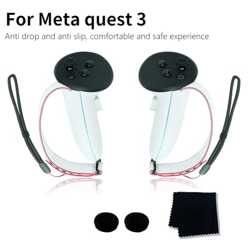 AZURAOKEY Compatible with Meta 3 Accessories Bundle Battery Cover Replacement Kit Adjustable Active Straps Metal Ring Buckle Lens Cloth Joystick Caps for Meta Quest 3 Controller