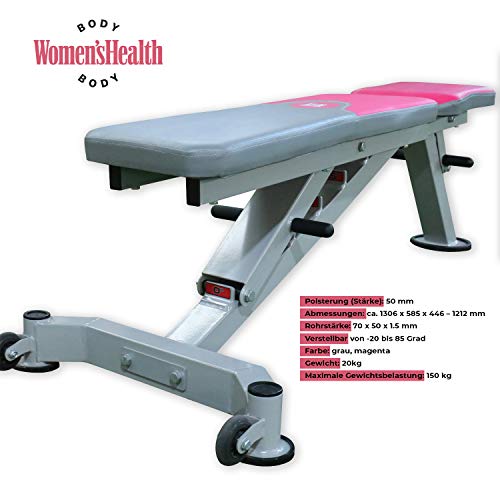 Banco de pesas universal de Women's Health Body (banco ajustable, banco multifunción, varios ángulos de trabajo ajustables, gris-magenta