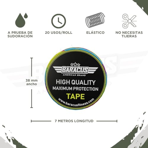 BARACUS Tape Crossfit Premium para Levantamiento de Pesas, Algodón Adhesivo Elástico y Resistente al Agua - Vendaje Deportivo, Incluye un Elegante Packaging - 7 Metros x 38mm (EliteBox)