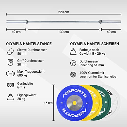 Barra de pesas Olympia, con cierre, 2 pesas de 10 kg, 2 de 15 kg y 2 de 20 kg, Juego completo