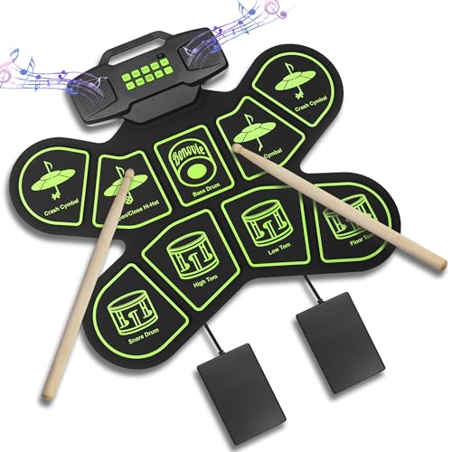 Batería Electrónica E-Drum Kit, Bonvvie Roll Up Digital Drum con 9 Pads, MIDI, DTC, Altavoces Duales Incorporados, Batería Li-ion 1800mAh Recargable,Ideal para Principiantes, Estudiantes y Entusiastas