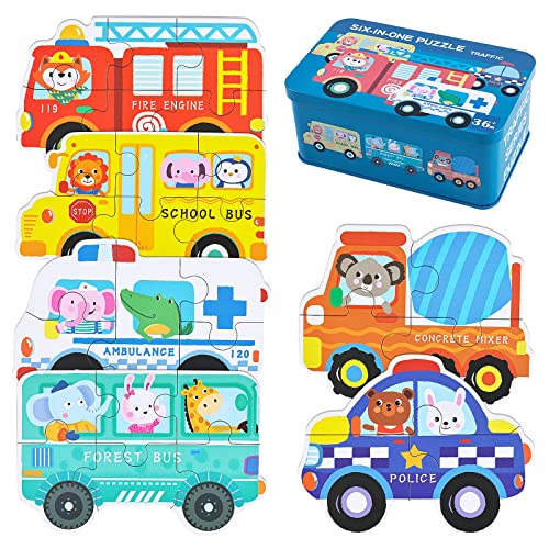 BBLIKE Juguetes Montessori Puzzle Infantil para niños, puzle de Madera, 6 Pack Rompecabezas Puzzle Juguetes Bebes para Niños de 1 2 3 4 5 Años Montessori Educativos Regalos 3D Patrón Puzles (Bus)