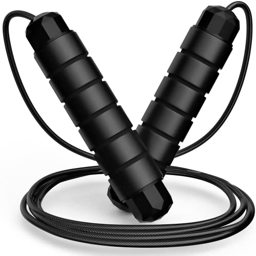 BEENTOP Comba Crossfit con Cuerda Ajustable y Rodamientos Negro | Comba 2.8M longitud para Adultos y Niños con Mango de Espuma Antideslizante | Cuerda Saltar de Acero con PVC.
