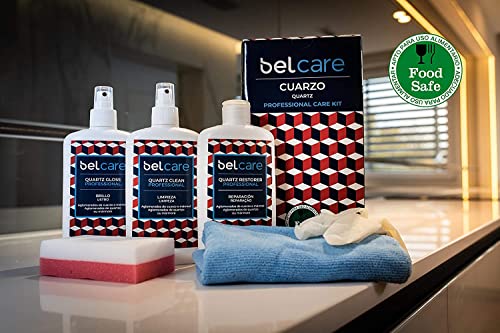 BELCARE - Kit para Limpiar Encimeras de Cuarzo, Silestone y Compac, Pack de 3 Productos (Spray Limpiador 200 ml + Reparador 200 ml + Spray Abrillantador 200 ml)