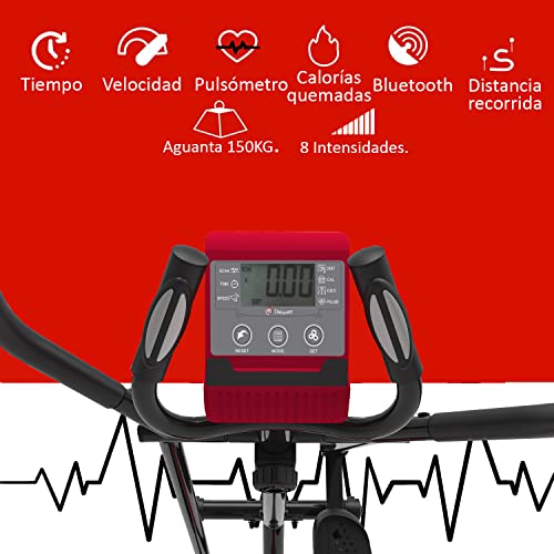 Bicicleta elíptica - 8 intensidades Diferentes - Conexión App Kinomap - Chasis Reforzado Soporta hasta 150kgs - Deporte en casa, Rojo y Negro