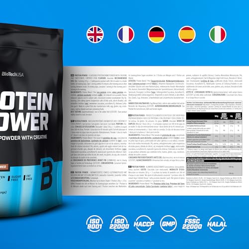 BioTechUSA Protein Power - Alto Contenido en Proteínas, Sin Azúcar, Sin Lactosa, Sin Gluten | Con Creatina Añadida, 1 kg, Chocolate
