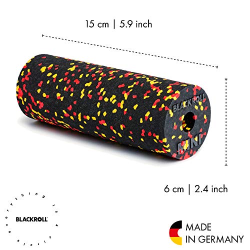 BLACKROLL® Mini rollo de masaje para fascia (15 x 5 cm), pequeño rodillo de masaje para automasaje, práctico para viajes, oficina y gimnasio, dureza media, fabricado en Alemania, negro/rojo/amarillo