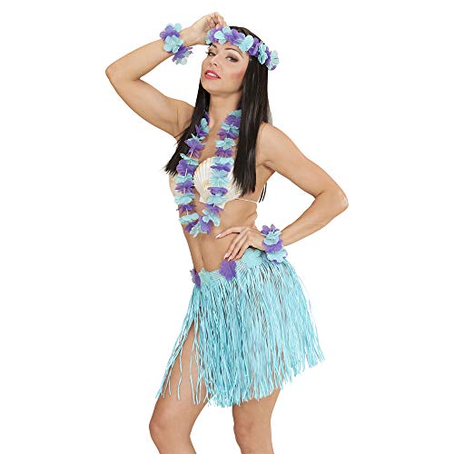 "BLUE HAWAIIAN SET" (hula skirt with flower belt, flower lei, crown, 2 bracelets) -
