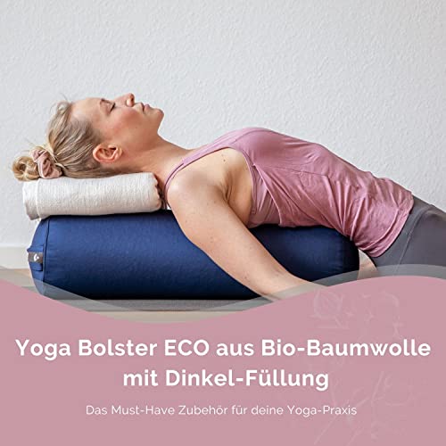 Bodhi | Yoga Bolster Eco | 100% algodón orgánico | Rollo de Yoga con Relleno de espelta orgánica | Funda Lavable | Cojín de Yoga Redondo para Ejercicios de Yoga | Grande 65 x 22 cm | Azul Oscuro