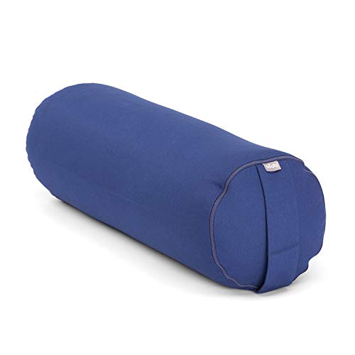 Bodhi | Yoga Bolster Eco | 100% algodón orgánico | Rollo de Yoga con Relleno de espelta orgánica | Funda Lavable | Cojín de Yoga Redondo para Ejercicios de Yoga | Grande 65 x 22 cm | Azul Oscuro