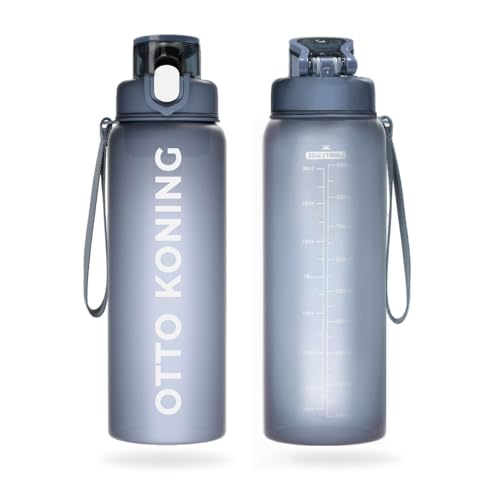 Botella Agua 1 litro -Otto Koning- Botella de Agua Deportiva con Marcador de Volumen, Botella de Agua 1000ml Reutilizable para Colegio, Bicicleta, Gimnasio, Camping. A Prueba de Fugas. Sin BPA