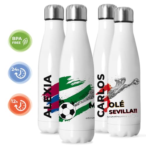 Botella Betis. Termo Real Betis personalizada nombre y colores de tu equipo de fútbol. Tu Botellas de agua acero inoxidable térmicas de Doble Capa y del Real Betis. Regalos del Betis