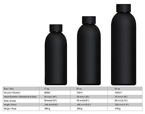 Botella de Agua de Acero Inoxidable Reutilizable | Hermética y Térmica | Sin BPA | Isotérmica, Mantiene Frio 24H y Calor 12H. Doble Pared al Vacío a Prueba de Fugas (500ml, Negro)