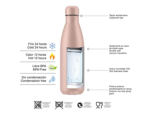 Botella de Agua Térmica de Acero Inoxidable Reutilizable | Sin BPA | Mantiene 24H Frio / 12H Calor | Isotérmica y Hermética - Doble Pared al Vacío a Prueba de Fugas (500ml, Salmón)