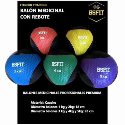 BSFIT® Balón Medicinal de Goma Pro –5 kg Potencia Tus Rutinas con Esta Pelota con Rebote Medicinal - Balón Antideslizante para Levantamiento