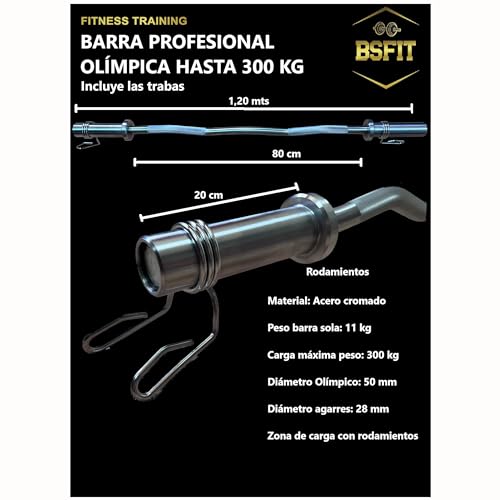 BSFIT Barra SZ - EZ olímpica 50mm Pesas Barbell, curvada de 120 cm para discos Bumper profesional hasta 250kg maciza