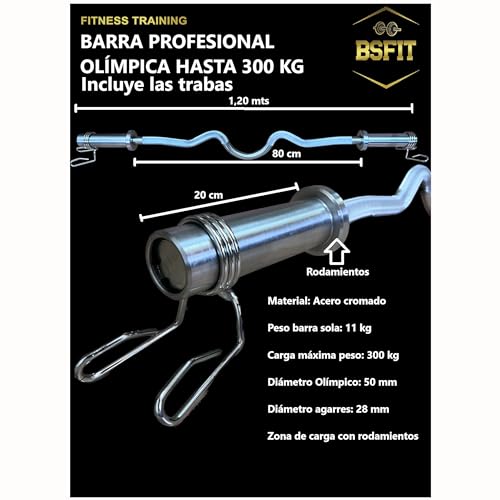 BSFIT Barra W olímpica 50mm Pesas Barbell, curvada de 120 cm para discos Bumper profesional hasta 250kg maciza