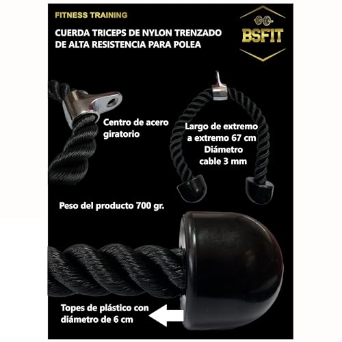 BSFIT® Cuerda para Triceps y Biceps de Nailon TPE, con Mango Doble Antideslizante para Entrenamiento y Fitness. SOGA jalón para Agarre Gym.
