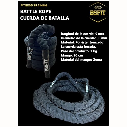 BSFIT® Cuerdas de Batalla 9M Cuerda de Batalla para Gimnasio de Entrenamiento físico, Cuerdas de Ejercicio Pesado de 38mm, Cuerda de ondulación para Entrenamiento de Fuerza. Battle Rope.