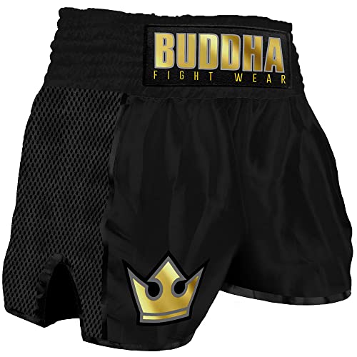 Buddha Fight Wear. Short Retro Premium Negro. Especialmente diseñado para el Kick Boxing, Muay Thai, K1 o Cualquier modalidad de Deportes de Contacto. Talla L (60 a 70 Kgs)