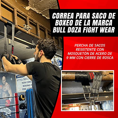 BULL DOZA FIGHT WEAR Correa/Eslinga para Saco de Boxeo - Gancho para Saco de Boxeo con mosquetón de Tornillo de Acero de 9 mm - con Capacidad de sujeción de 500 Libras (Negro) (3 pies (91 cm))