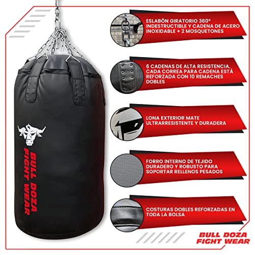 BULL DOZA FIGHT WEAR Saco de Boxeo autollenable para Trabajo Pesado - Saco de Boxeo con Cadenas Colgantes, Giratorio, mosquetones (Negro)(3.5FT XXL Jumbo Tank)