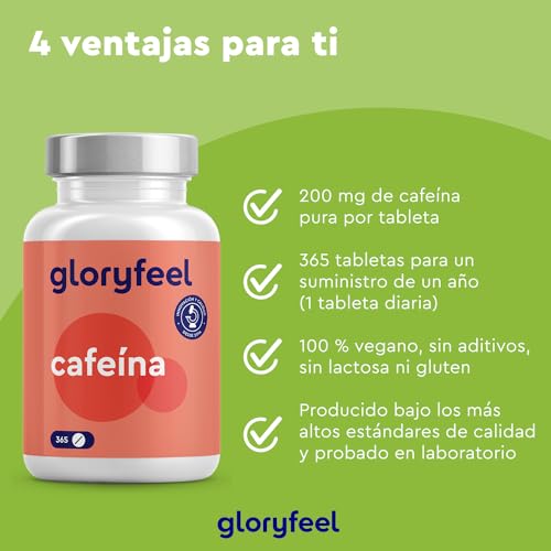Cafeína Anhidra Pura - 365 Tabletas para 1 año - 200mg por tableta - Estimulante natural en altas dosis de rápido efecto - Estado de alerta y energía - Probado en laboratorio y 100% vegano