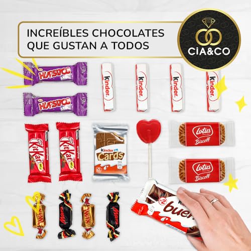 Cajita Regalo Original con 17 Chocolates Kinder Bueno, Kinder Cards, Twix, Mars, Kit Kat, Huesitos, Galleta Lotus Biscoff y Mucho Más · Con Tarjeta Personalizada