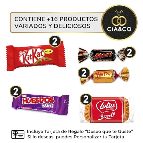 Cajita Regalo Original con 17 Chocolates Kinder Bueno, Kinder Cards, Twix, Mars, Kit Kat, Huesitos, Galleta Lotus Biscoff y Mucho Más · Con Tarjeta Personalizada