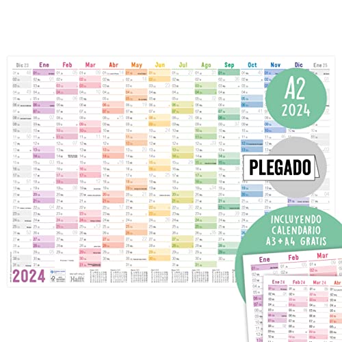 Calendario de pared 2024 A2 (59 x 42 cm) plegado en español 14 meses Dic 2023 – Ene 2025 | vista general de vacaciones, días festivos, calendario extra A3 y A4 | sostenible y neutro para el clima