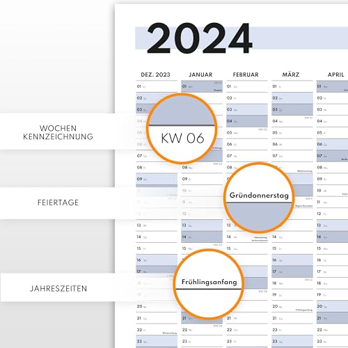 Calendario de pared XXL 2024 grande (90 x 60 cm), planificador anual 2024 horizontal como calendario para la pared, calendario anual para 14 meses con resumen de vacaciones, calendario plegado para la