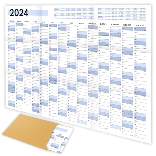 Calendario de pared XXL 2024 grande (90 x 60 cm), planificador anual 2024 horizontal como calendario para la pared, calendario anual para 14 meses con resumen de vacaciones, calendario plegado para la