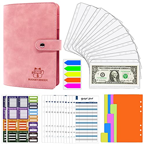 Carpeta de presupuesto A6 con sobres de cremallera para efectivo, Organizador de carpeta de dinero, con divisores (rosa)