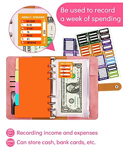 Carpeta de presupuesto A6 con sobres de cremallera para efectivo, Organizador de carpeta de dinero, con divisores (rosa)