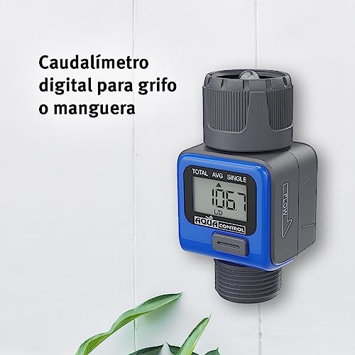 Caudalímetro digital para grifo o manguera. Rosca 3/4" Mide lo que gastas y ahorra agua cuando riegues tus plantas. Con varias funciones. Pila de botón incluida.